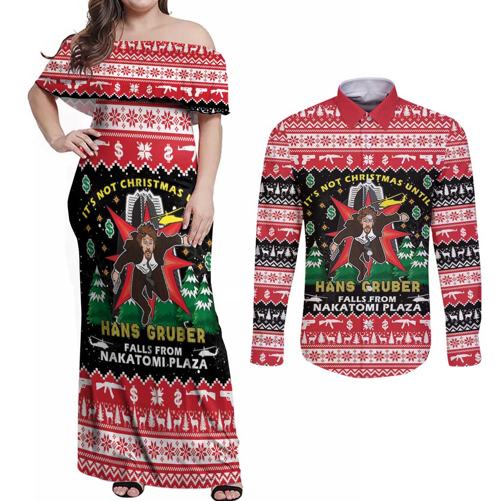 Nakatomi Plaza Christmas Couples Matching Off Shoulder Maxi Dress and Long Sleeve Button Shirt Hans Gruber Party 1988 - Wonder Print Shop
