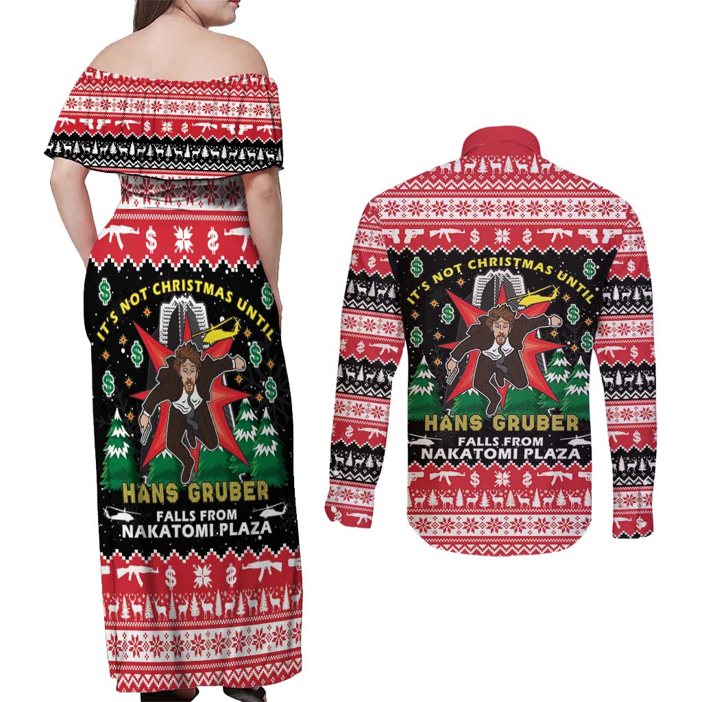 Nakatomi Plaza Christmas Couples Matching Off Shoulder Maxi Dress and Long Sleeve Button Shirt Hans Gruber Party 1988 - Wonder Print Shop