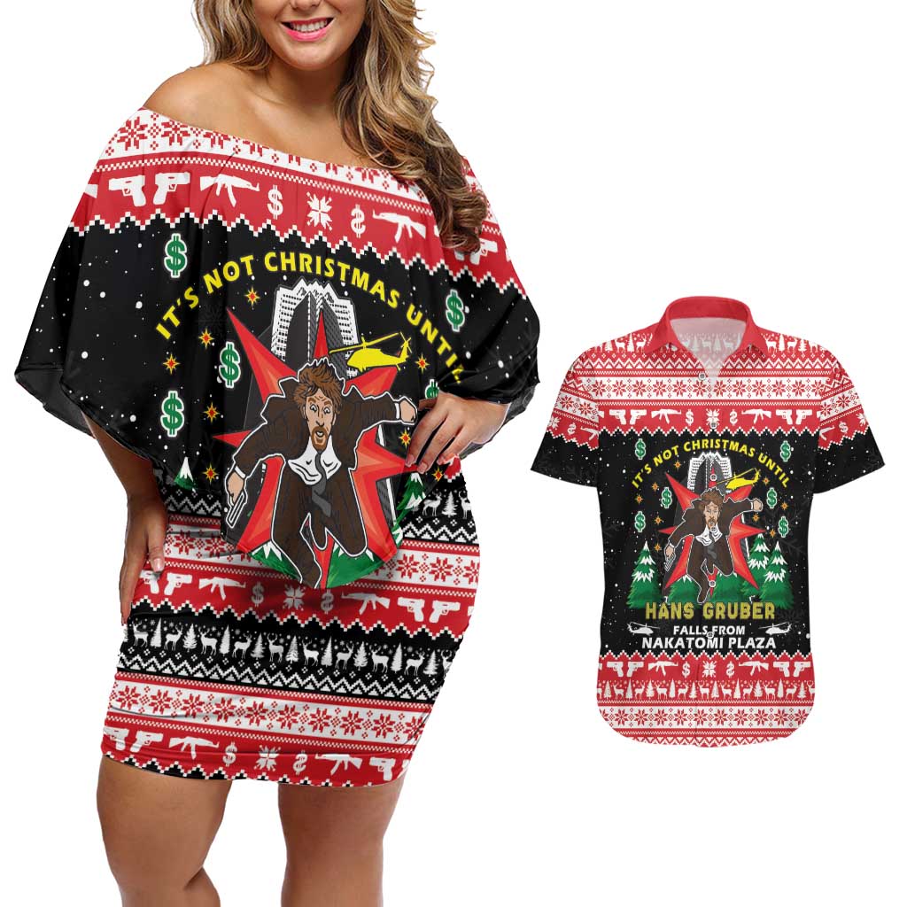Nakatomi Plaza Christmas Couples Matching Off Shoulder Short Dress and Hawaiian Shirt Hans Gruber Party 1988 - Wonder Print Shop