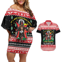 Nakatomi Plaza Christmas Couples Matching Off Shoulder Short Dress and Hawaiian Shirt Hans Gruber Party 1988 - Wonder Print Shop