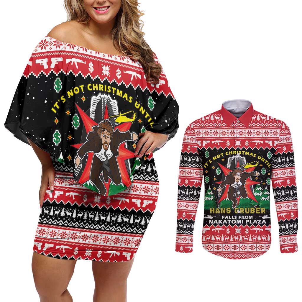 Nakatomi Plaza Christmas Couples Matching Off Shoulder Short Dress and Long Sleeve Button Shirt Hans Gruber Party 1988 - Wonder Print Shop