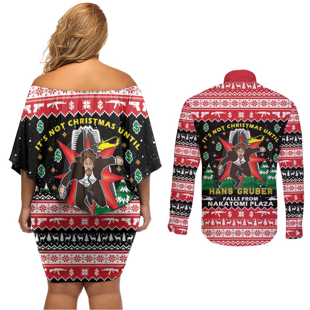 Nakatomi Plaza Christmas Couples Matching Off Shoulder Short Dress and Long Sleeve Button Shirt Hans Gruber Party 1988 - Wonder Print Shop