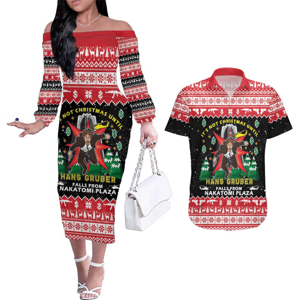 Nakatomi Plaza Christmas Couples Matching Off The Shoulder Long Sleeve Dress and Hawaiian Shirt Hans Gruber Party 1988 - Wonder Print Shop