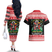 Nakatomi Plaza Christmas Couples Matching Off The Shoulder Long Sleeve Dress and Hawaiian Shirt Hans Gruber Party 1988 - Wonder Print Shop