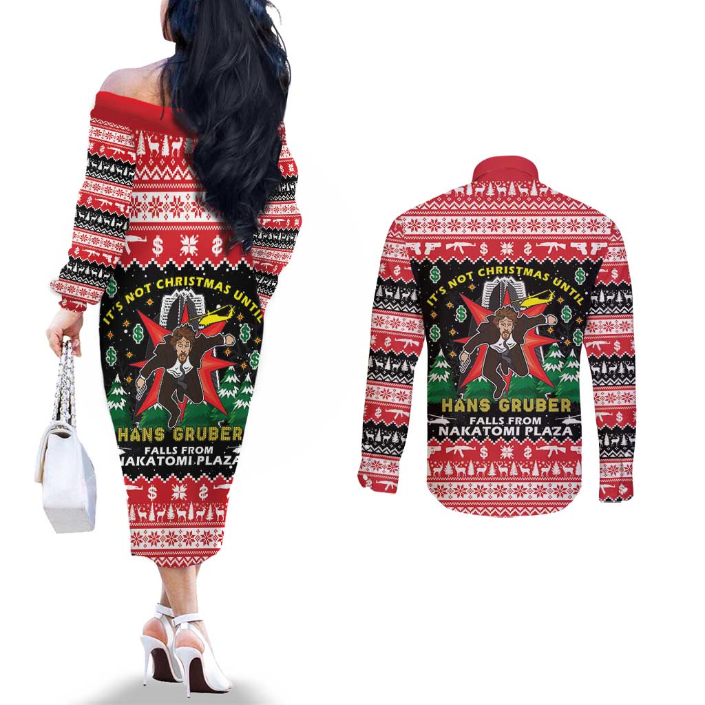 Nakatomi Plaza Christmas Couples Matching Off The Shoulder Long Sleeve Dress and Long Sleeve Button Shirt Hans Gruber Party 1988 - Wonder Print Shop