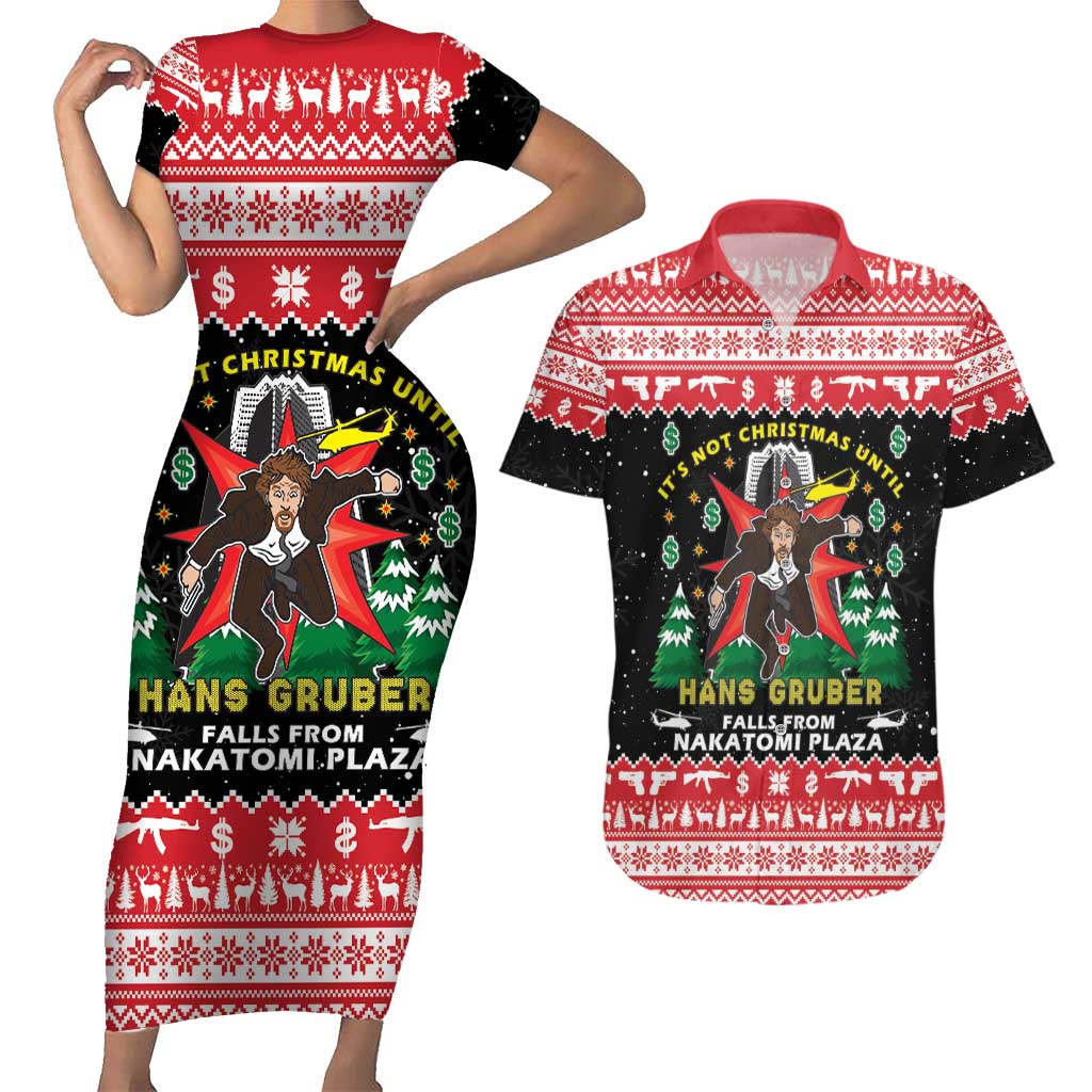 Nakatomi Plaza Christmas Couples Matching Short Sleeve Bodycon Dress and Hawaiian Shirt Hans Gruber Party 1988 - Wonder Print Shop