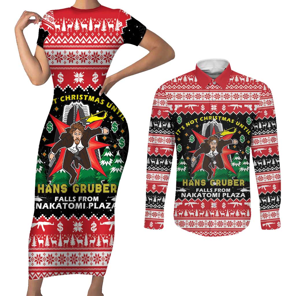 Nakatomi Plaza Christmas Couples Matching Short Sleeve Bodycon Dress and Long Sleeve Button Shirt Hans Gruber Party 1988 - Wonder Print Shop