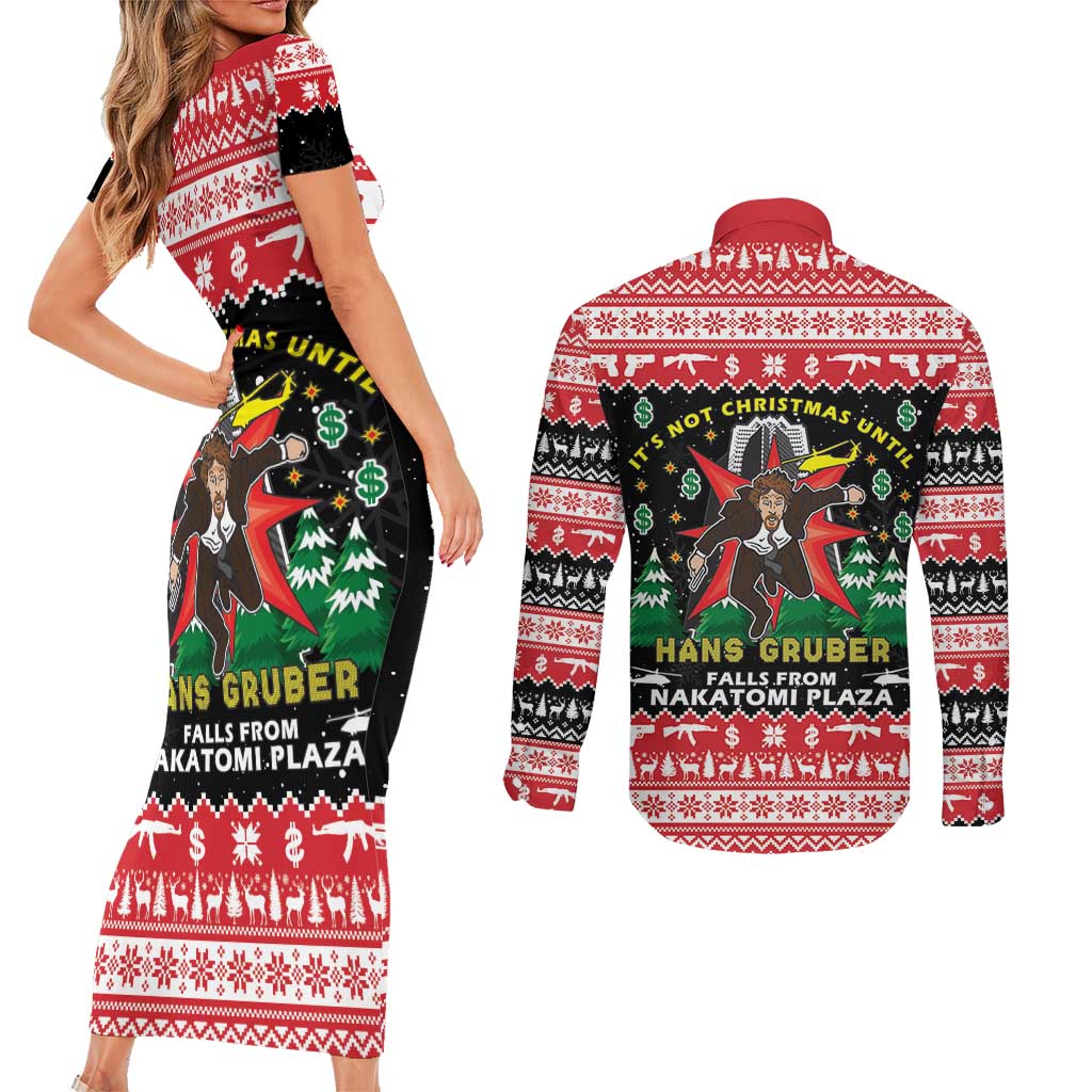 Nakatomi Plaza Christmas Couples Matching Short Sleeve Bodycon Dress and Long Sleeve Button Shirt Hans Gruber Party 1988 - Wonder Print Shop