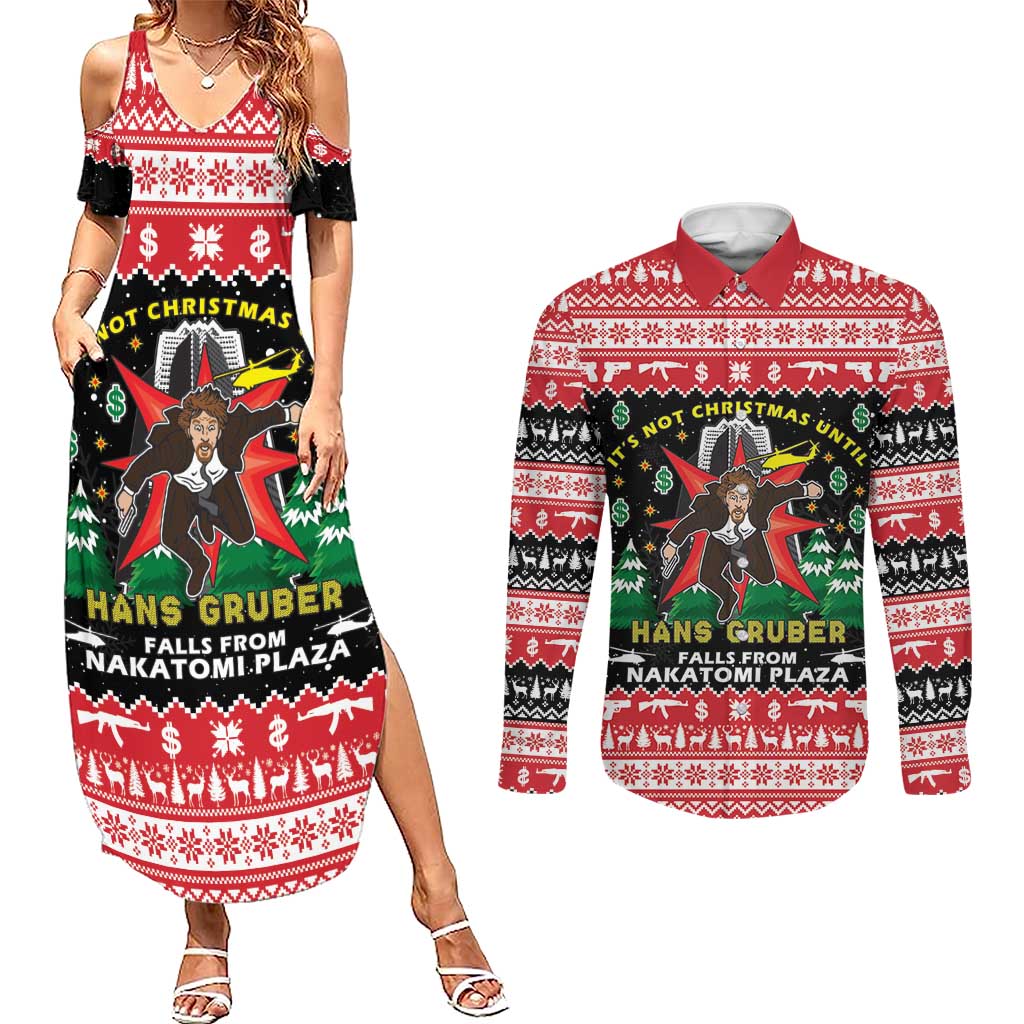 Nakatomi Plaza Christmas Couples Matching Summer Maxi Dress and Long Sleeve Button Shirt Hans Gruber Party 1988 - Wonder Print Shop
