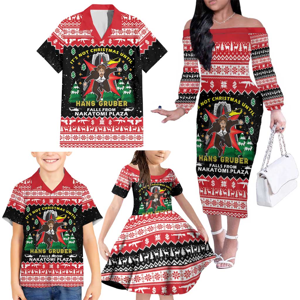 Nakatomi Plaza Christmas Family Matching Off The Shoulder Long Sleeve Dress and Hawaiian Shirt Hans Gruber Party 1988 - Wonder Print Shop