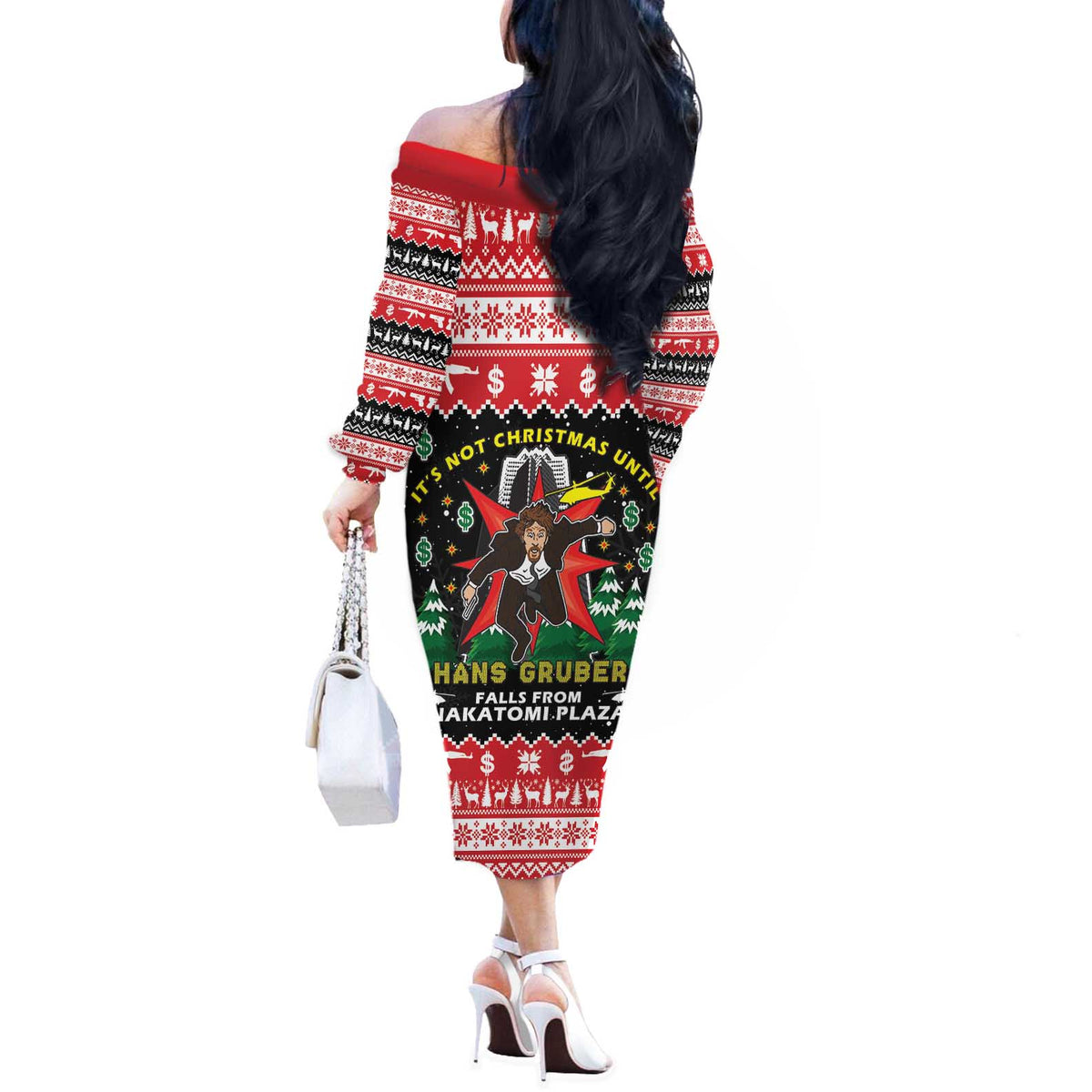 Nakatomi Plaza Christmas Off The Shoulder Long Sleeve Dress Hans Gruber Party 1988 - Wonder Print Shop