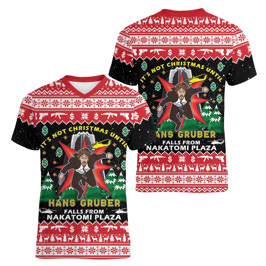 Nakatomi Plaza Christmas Women V-Neck T-Shirt Hans Gruber Party 1988 - Wonder Print Shop