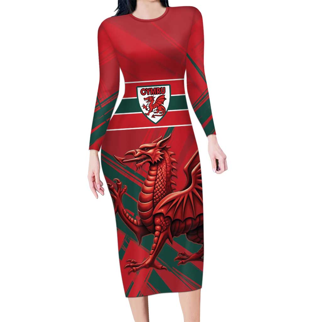 Wales Football Red Dragon Custom Long Sleeve Bodycon Dress Welsh National Team Spirit