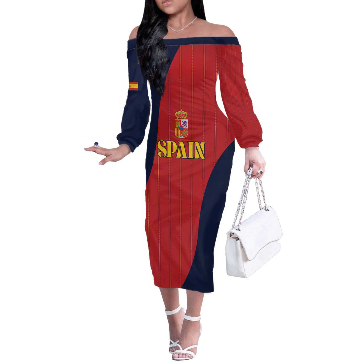 Custom Spain Football Off The Shoulder Long Sleeve Dress La Roja National Pride