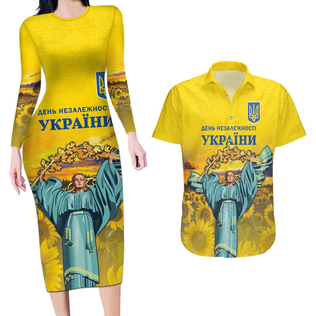 Ukraine Monument Independence Day Couples Matching Long Sleeve Bodycon Dress and Hawaiian Shirt Glory to Ukraine!