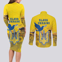Ukraine Monument Independence Day Couples Matching Long Sleeve Bodycon Dress and Long Sleeve Button Shirt Glory to Ukraine!
