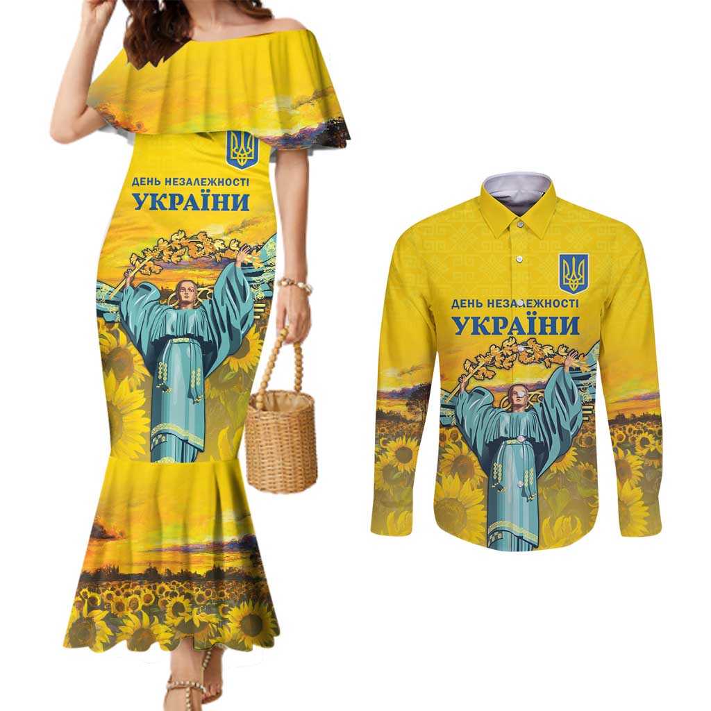 Ukraine Monument Independence Day Couples Matching Mermaid Dress and Long Sleeve Button Shirt Glory to Ukraine!