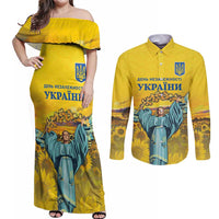 Ukraine Monument Independence Day Couples Matching Off Shoulder Maxi Dress and Long Sleeve Button Shirt Glory to Ukraine!