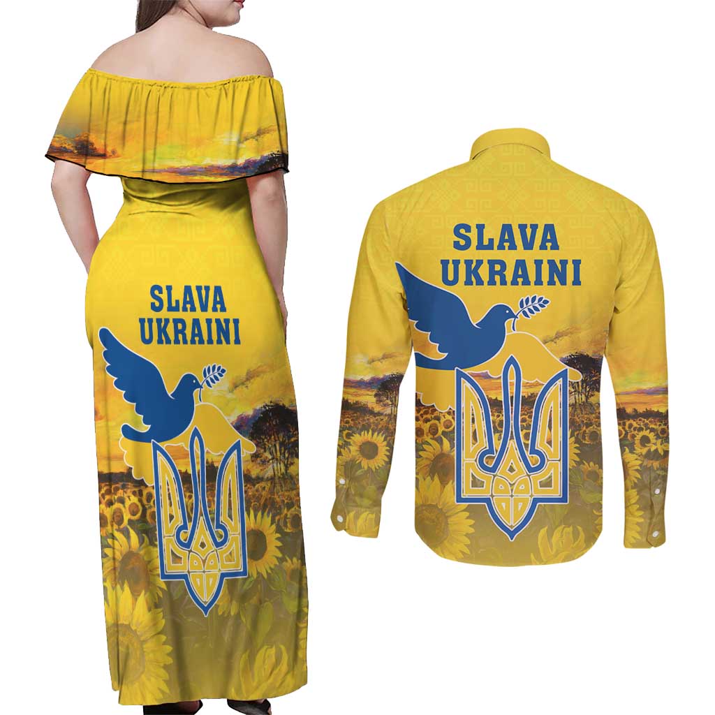 Ukraine Monument Independence Day Couples Matching Off Shoulder Maxi Dress and Long Sleeve Button Shirt Glory to Ukraine!