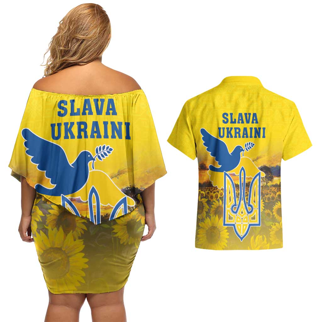 Ukraine Monument Independence Day Couples Matching Off Shoulder Short Dress and Hawaiian Shirt Glory to Ukraine!