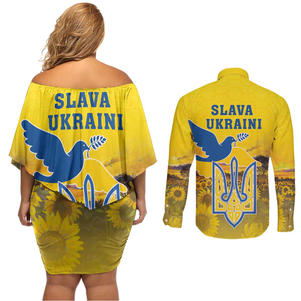 Ukraine Monument Independence Day Couples Matching Off Shoulder Short Dress and Long Sleeve Button Shirt Glory to Ukraine!
