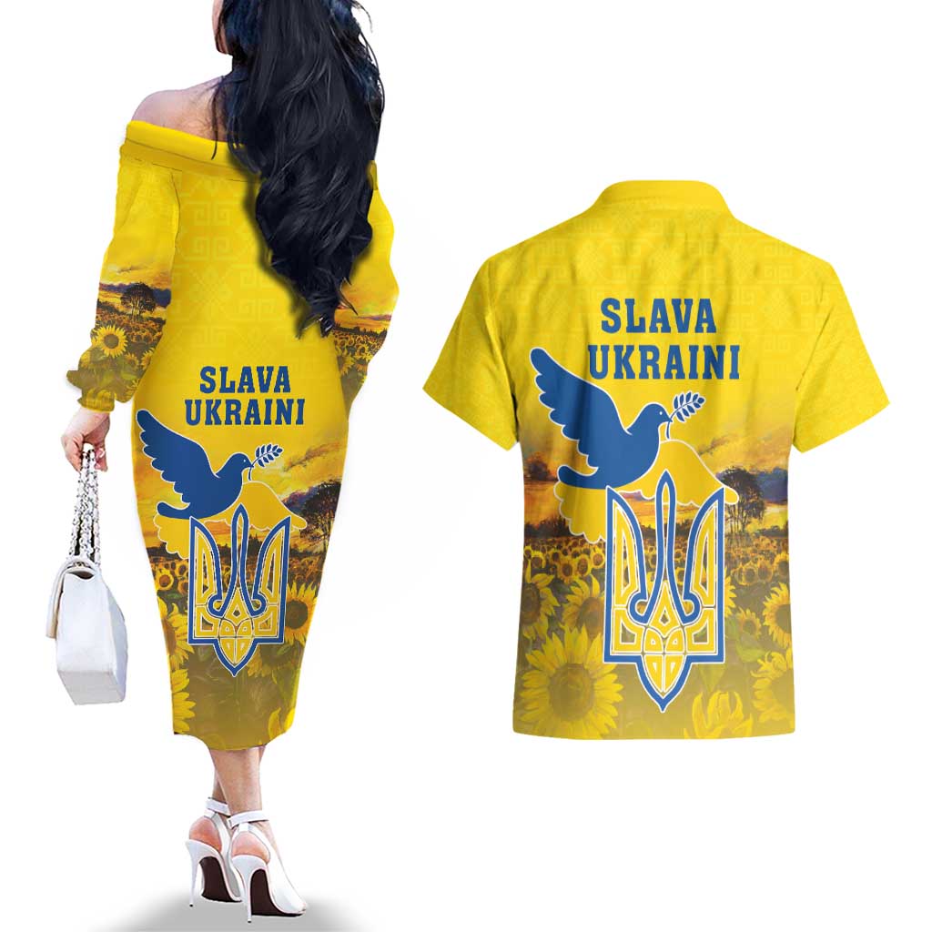 Ukraine Monument Independence Day Couples Matching Off The Shoulder Long Sleeve Dress and Hawaiian Shirt Glory to Ukraine!