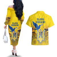 Ukraine Monument Independence Day Couples Matching Off The Shoulder Long Sleeve Dress and Hawaiian Shirt Glory to Ukraine!