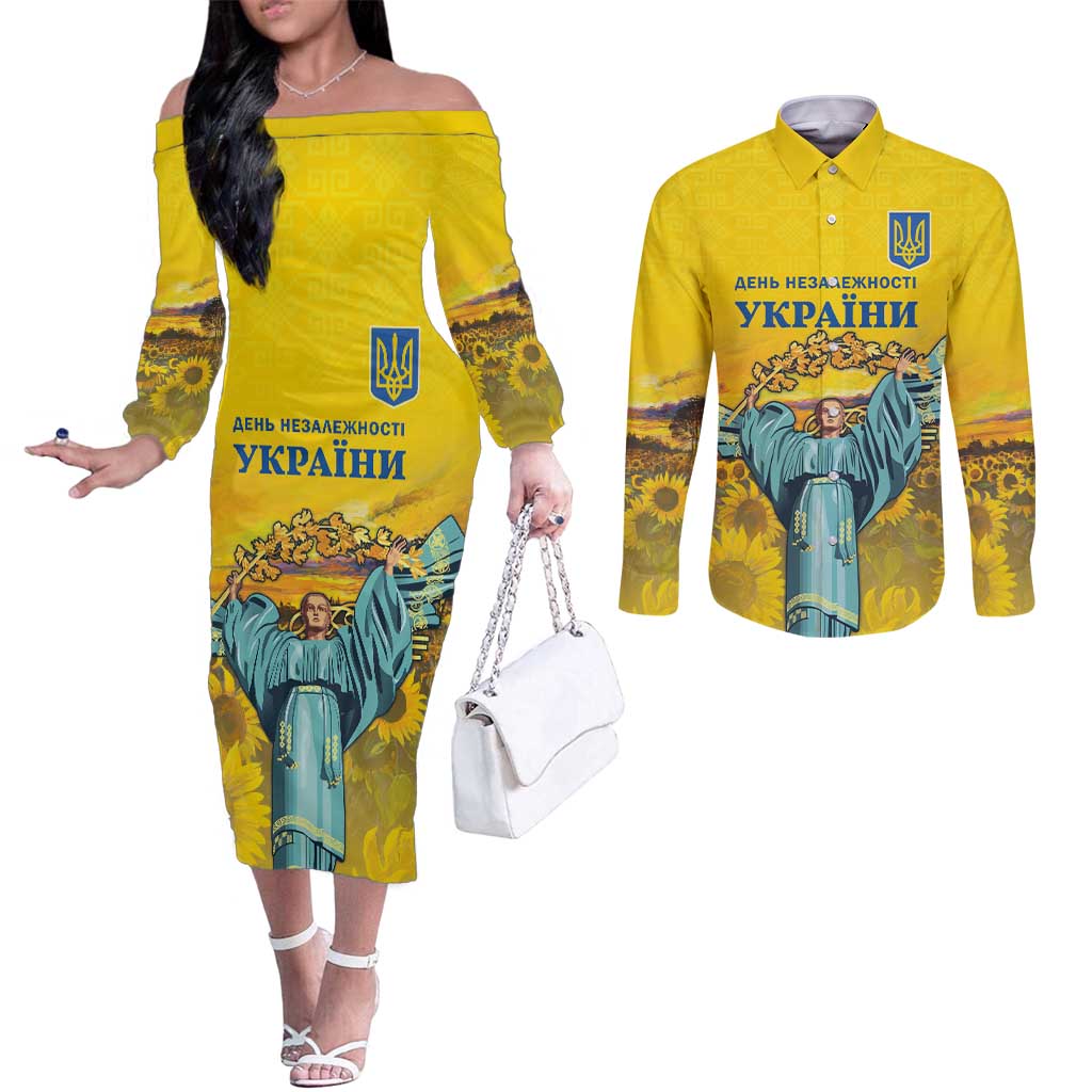 Ukraine Monument Independence Day Couples Matching Off The Shoulder Long Sleeve Dress and Long Sleeve Button Shirt Glory to Ukraine!