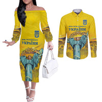 Ukraine Monument Independence Day Couples Matching Off The Shoulder Long Sleeve Dress and Long Sleeve Button Shirt Glory to Ukraine!