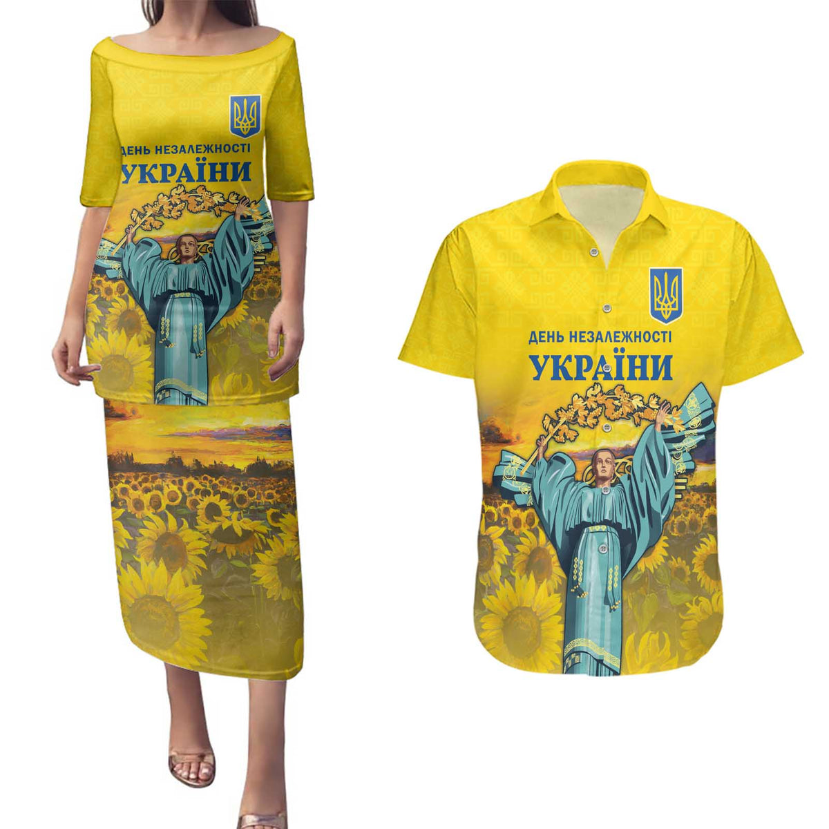 Ukraine Monument Independence Day Couples Matching Puletasi and Hawaiian Shirt Glory to Ukraine!