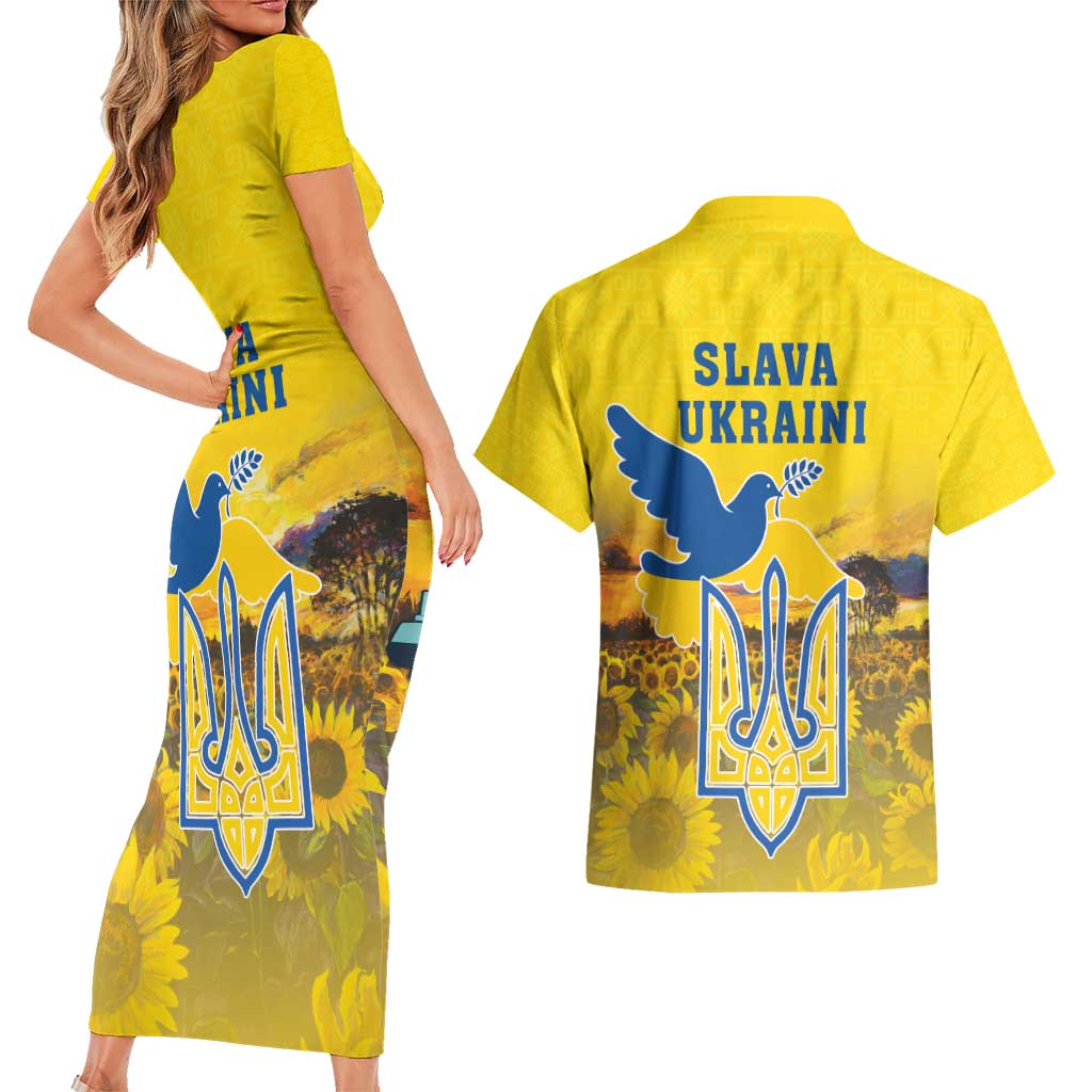 Ukraine Monument Independence Day Couples Matching Short Sleeve Bodycon Dress and Hawaiian Shirt Glory to Ukraine!