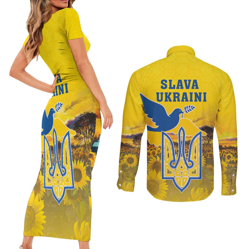 Ukraine Monument Independence Day Couples Matching Short Sleeve Bodycon Dress and Long Sleeve Button Shirt Glory to Ukraine!