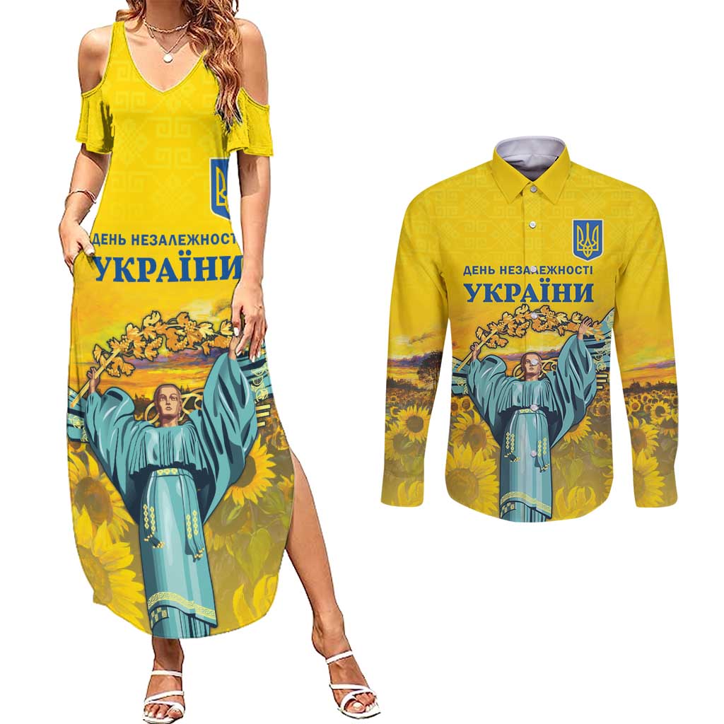 Ukraine Monument Independence Day Couples Matching Summer Maxi Dress and Long Sleeve Button Shirt Glory to Ukraine!