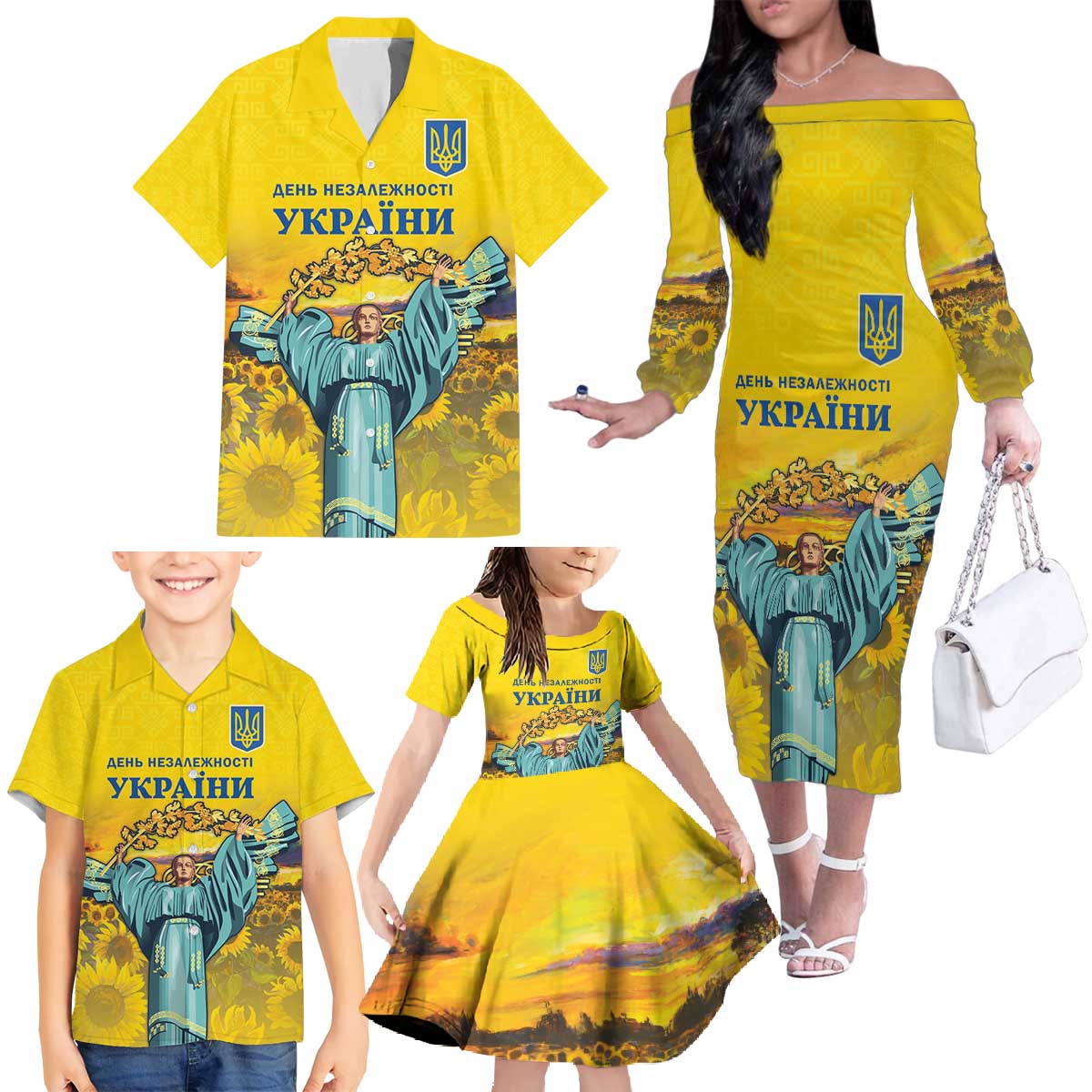 Ukraine Monument Independence Day Family Matching Off The Shoulder Long Sleeve Dress and Hawaiian Shirt Glory to Ukraine!