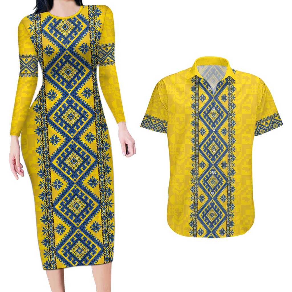 Blue Ukraine Folk Patterns Couples Matching Long Sleeve Bodycon Dress and Hawaiian Shirt Simple Style