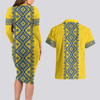Blue Ukraine Folk Patterns Couples Matching Long Sleeve Bodycon Dress and Hawaiian Shirt Simple Style