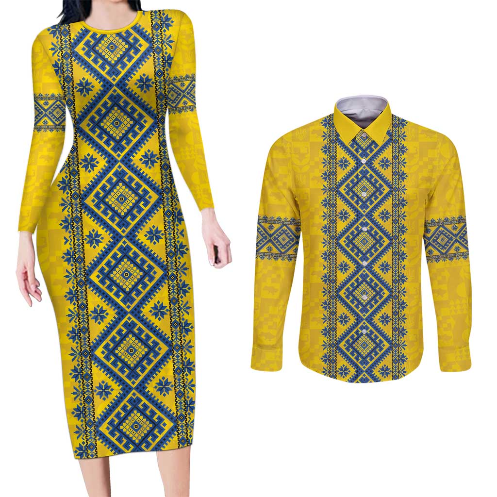Blue Ukraine Folk Patterns Couples Matching Long Sleeve Bodycon Dress and Long Sleeve Button Shirt Simple Style