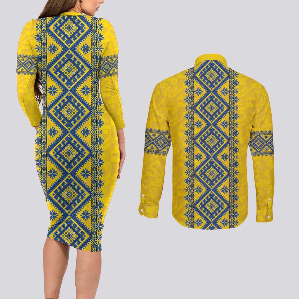 Blue Ukraine Folk Patterns Couples Matching Long Sleeve Bodycon Dress and Long Sleeve Button Shirt Simple Style