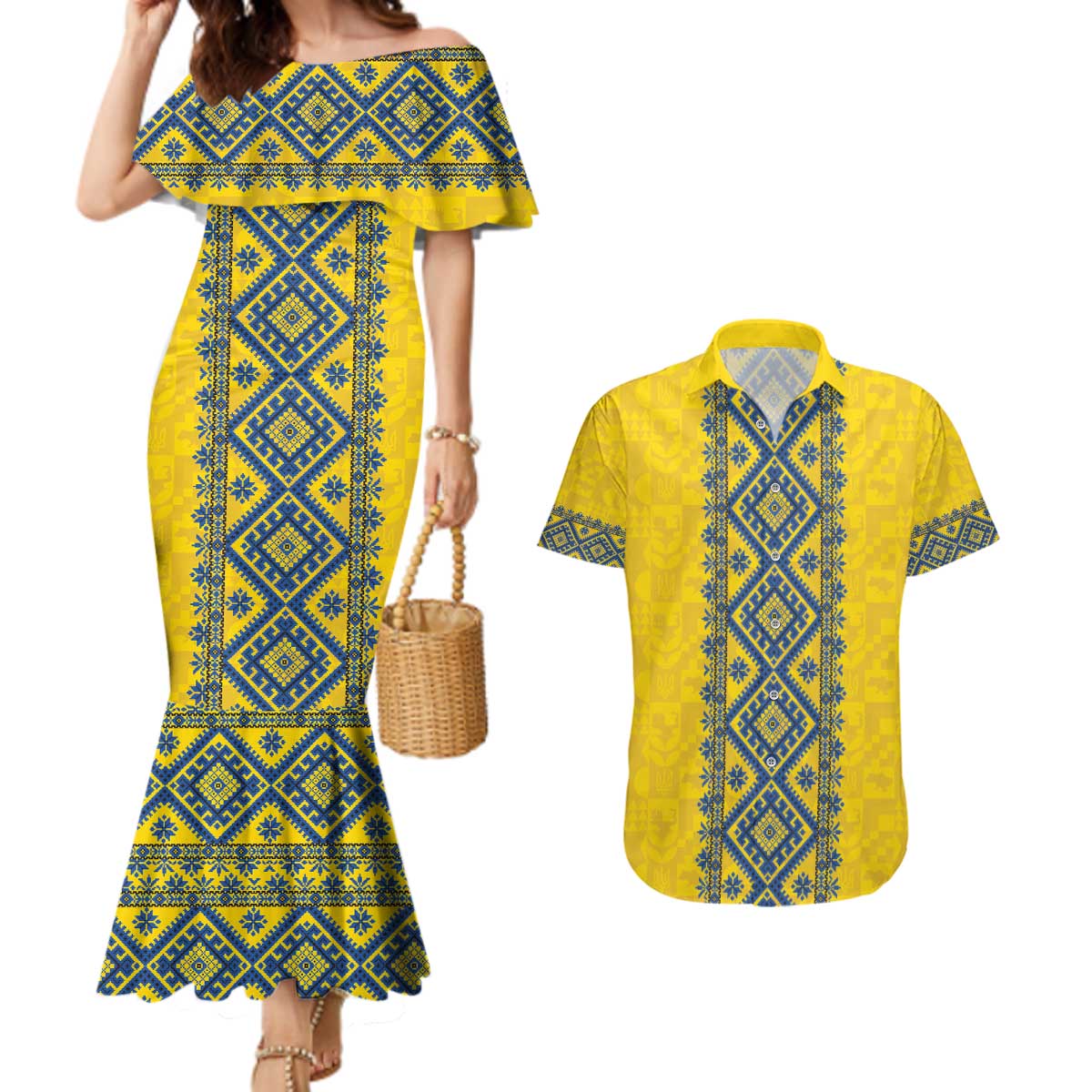 Blue Ukraine Folk Patterns Couples Matching Mermaid Dress and Hawaiian Shirt Simple Style