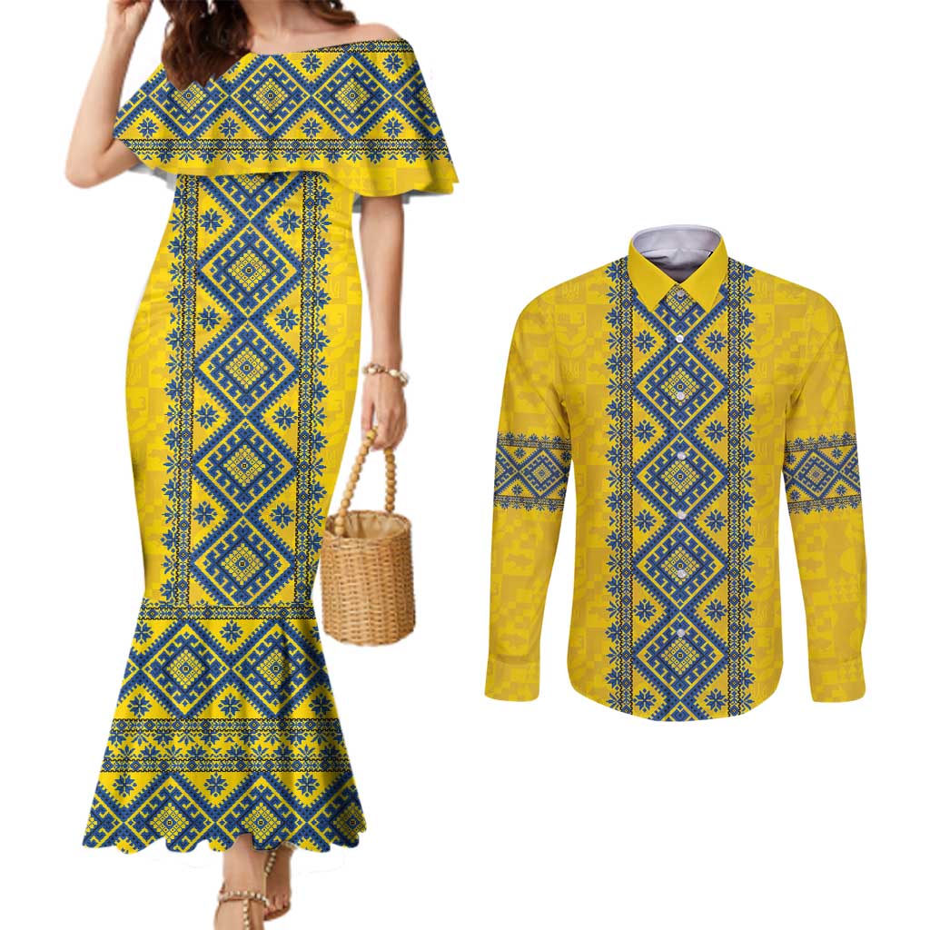 Blue Ukraine Folk Patterns Couples Matching Mermaid Dress and Long Sleeve Button Shirt Simple Style
