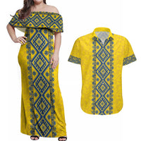 Blue Ukraine Folk Patterns Couples Matching Off Shoulder Maxi Dress and Hawaiian Shirt Simple Style