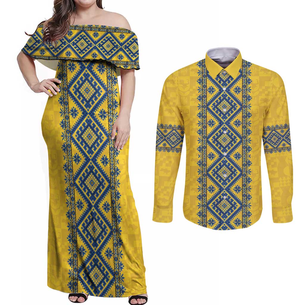 Blue Ukraine Folk Patterns Couples Matching Off Shoulder Maxi Dress and Long Sleeve Button Shirt Simple Style