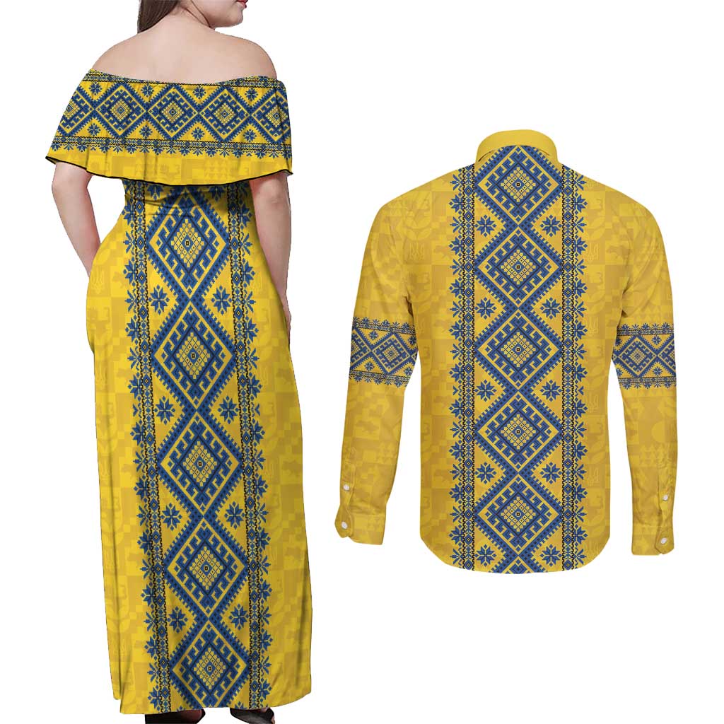 Blue Ukraine Folk Patterns Couples Matching Off Shoulder Maxi Dress and Long Sleeve Button Shirt Simple Style
