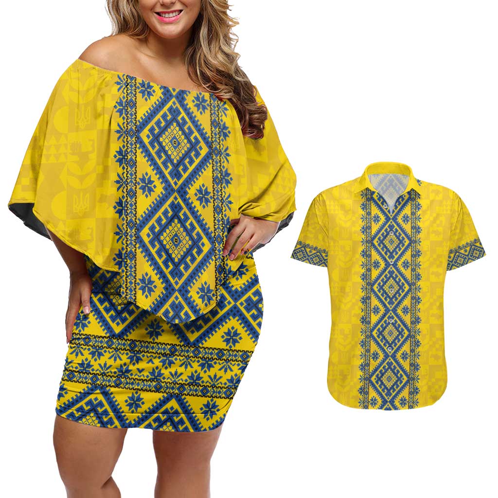 Blue Ukraine Folk Patterns Couples Matching Off Shoulder Short Dress and Hawaiian Shirt Simple Style