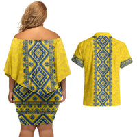 Blue Ukraine Folk Patterns Couples Matching Off Shoulder Short Dress and Hawaiian Shirt Simple Style
