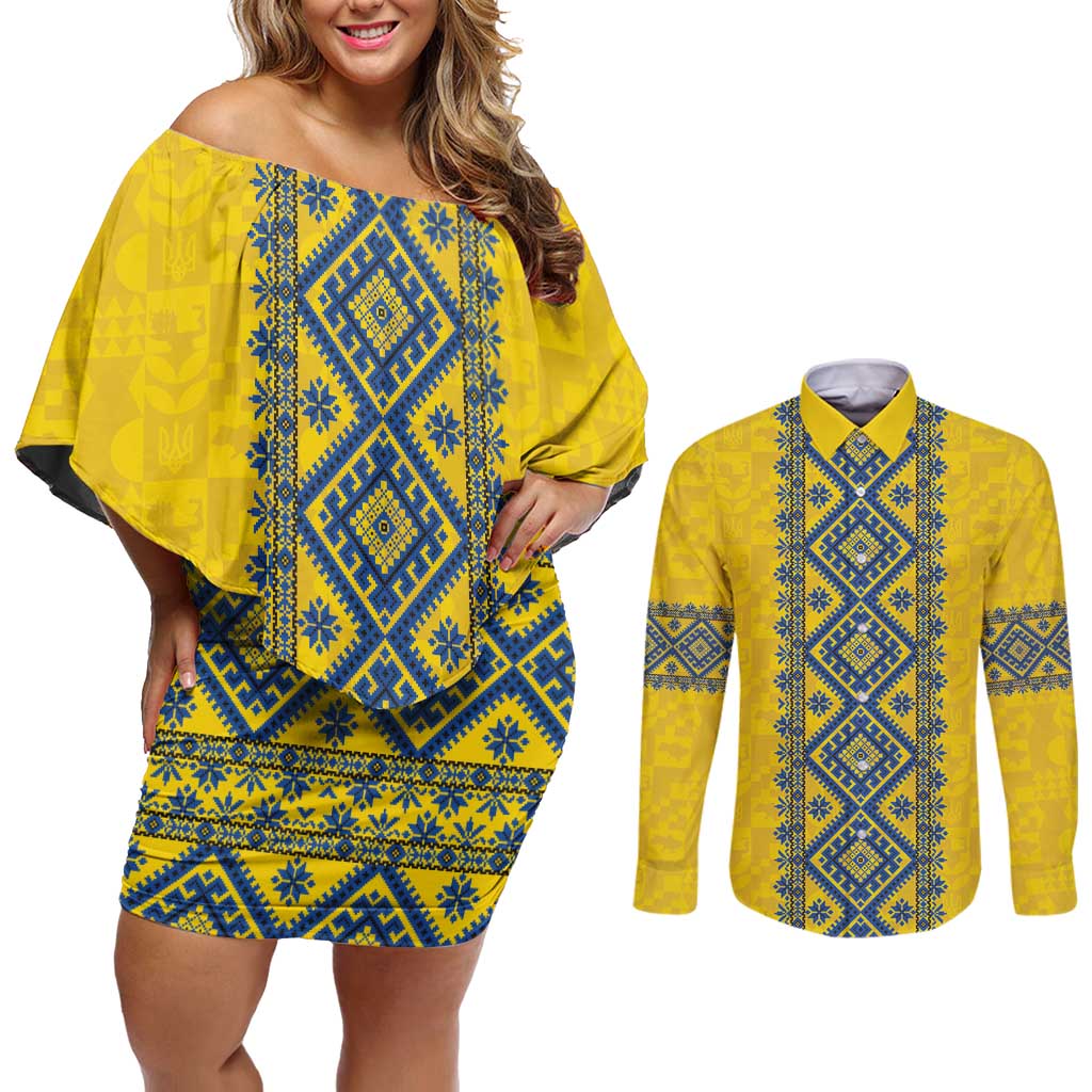 Blue Ukraine Folk Patterns Couples Matching Off Shoulder Short Dress and Long Sleeve Button Shirt Simple Style