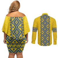 Blue Ukraine Folk Patterns Couples Matching Off Shoulder Short Dress and Long Sleeve Button Shirt Simple Style