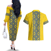 Blue Ukraine Folk Patterns Couples Matching Off The Shoulder Long Sleeve Dress and Hawaiian Shirt Simple Style