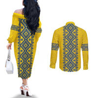Blue Ukraine Folk Patterns Couples Matching Off The Shoulder Long Sleeve Dress and Long Sleeve Button Shirt Simple Style
