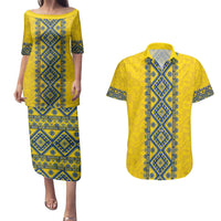 Blue Ukraine Folk Patterns Couples Matching Puletasi and Hawaiian Shirt Simple Style